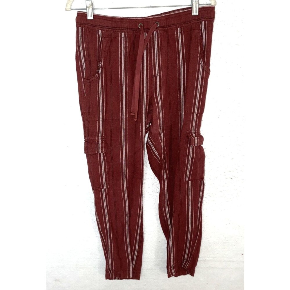 ANTHROPOLOGIE Sanctuary Jogger Burgundy striped Crop Cargo Womens S Linen pants